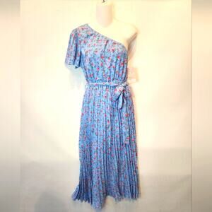 New Blue Floral Pleated Dress Belted One Shoulder Dress‎ Size S